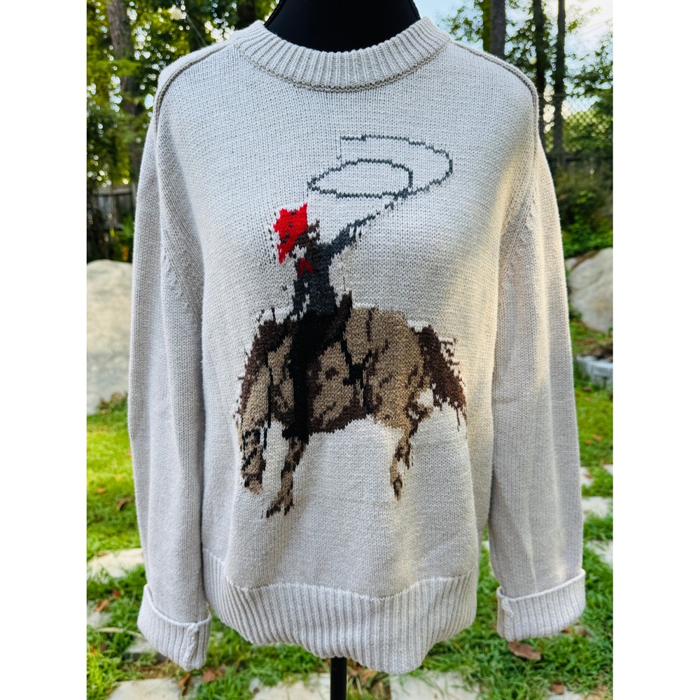 Abercrombie & Fitch Womens XS Cowboy Graphic Knit Sweater Oatmeal